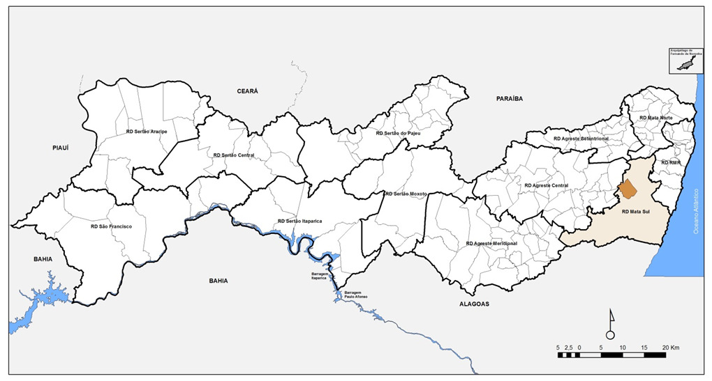 Mapa de Pernambuco com a localização de AMARAJI em destaque