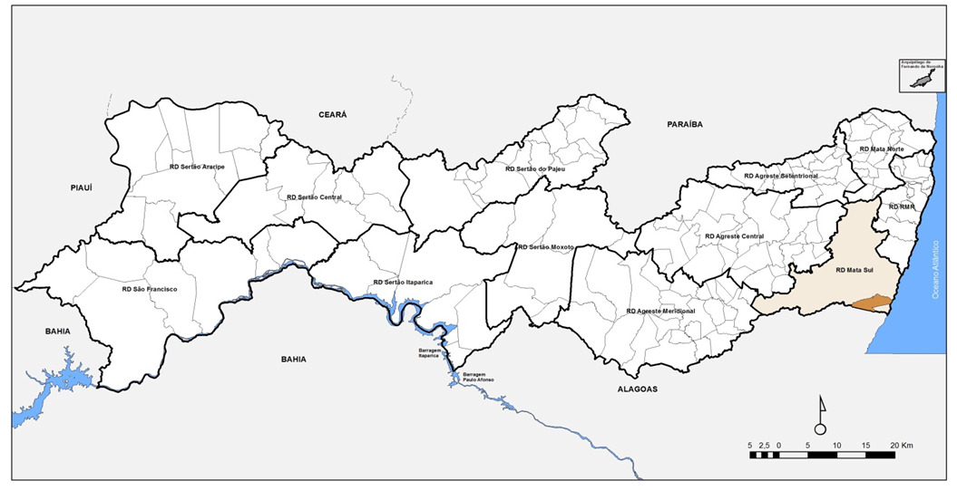 Mapa de Pernambuco com a localização de BARREIROS em destaque