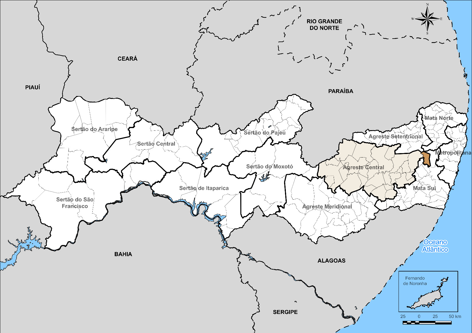 Mapa de Pernambuco com a localização de POMBOS em destaque